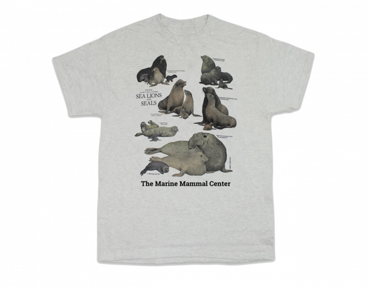 teal t-shirt with The Marine Mammal Center design featuring sea lions