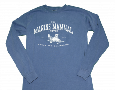 blue long-sleeved shirt with two sea lions and the words The Marine Mammal Center
