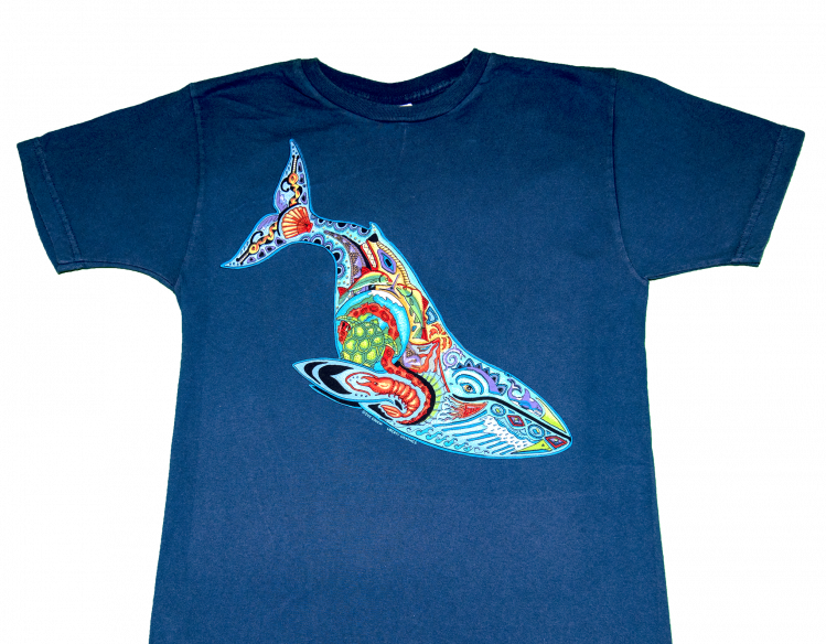 navy t-shirt with multi-colored whale art design