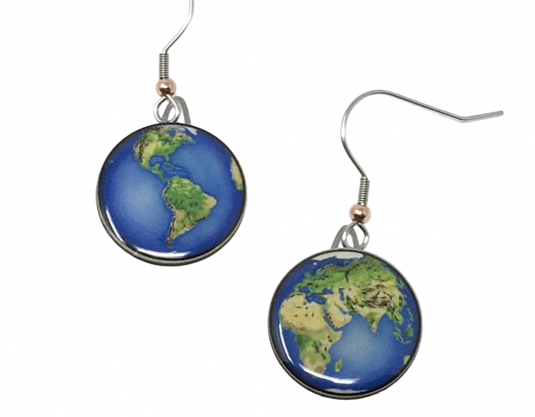 dangly earrings with planet Earth