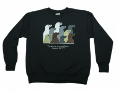 black crewneck sweatshirt with 10 sea lions and the words The Marine Mammal Center