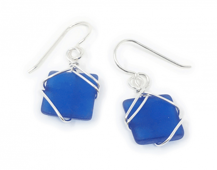 earrings made from blue square glass wrapped in silver wire