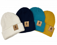 logo beanies in natural, navy, teal and marigold