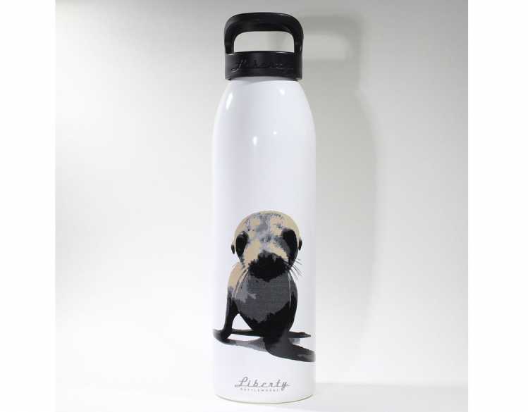 California sea lion image on a white aluminum water bottle
