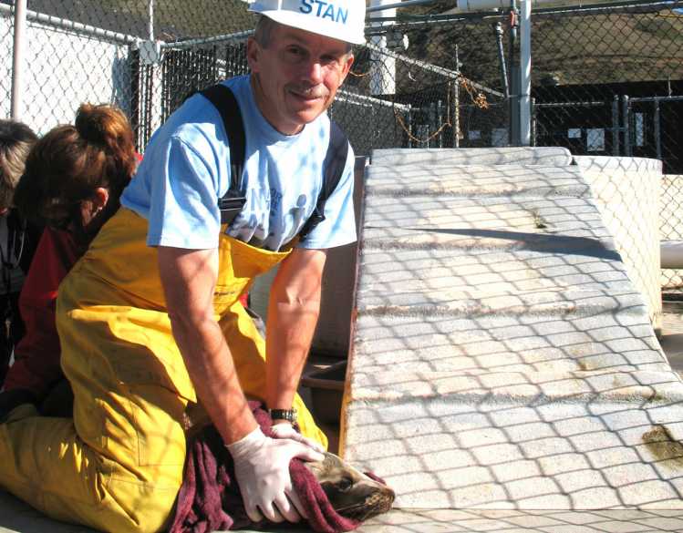 Stan Jenson restraining a sea lion