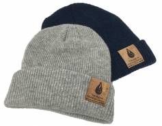 two beanie hats with a logo patch
