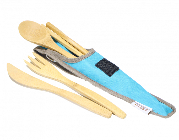 bamboo utensil set in a blue case