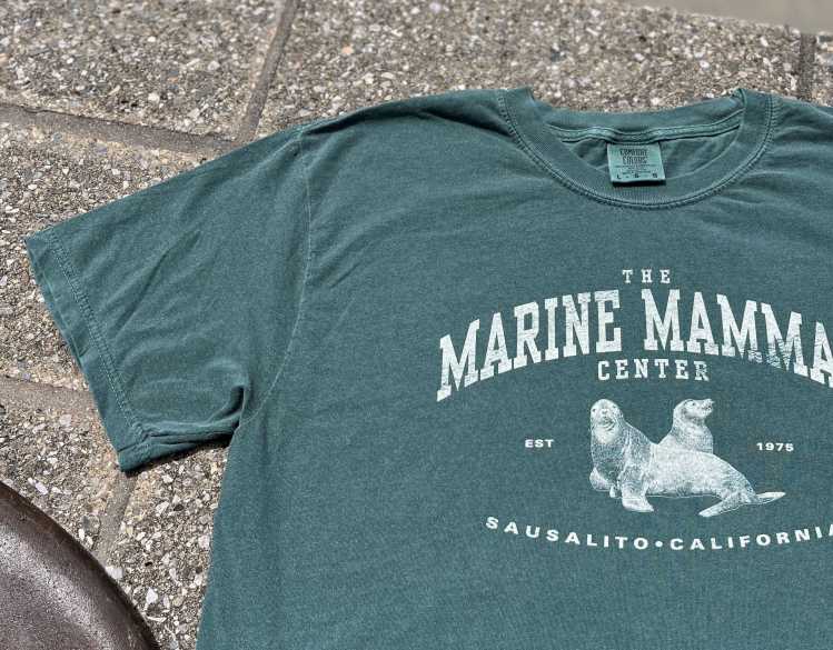 teal t-shirt with vintage-esque The Marine Mammal Center design featuring sea lions
