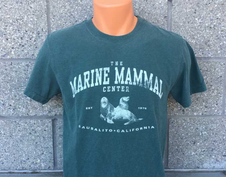 teal t-shirt with vintage-esque The Marine Mammal Center design featuring sea lions