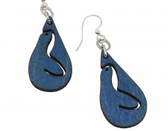 dangly blue wooden earrings in the shape of The Marine Mammal Center logo