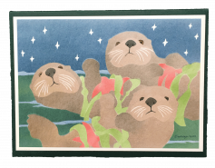 holiday card with three sea otters and stars